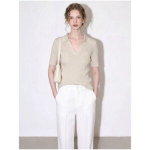 Apricot color polo collar Tencel linen short-sleeved sweater for women 2026 summer new slim commuter top