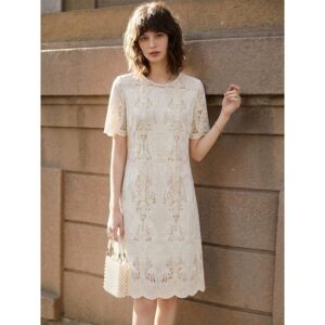 Apricot cotton lace dress women's summer 2026 new elegant hollow embroidery light luxury temperament mid-length skirt