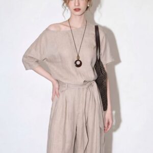 Apricot gray sloped collar Tencel shirt wide-leg pants two-piece set for women 2026 summer new temperament commuter style suit