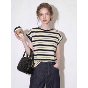 Apricot round neck retro striped short-sleeved T-shirt for women 2026 summer new slim casual high-end top