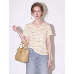 Apricot temperament retro Tencel striped V-neck short-sleeved T-shirt for women 2026 summer new slim design top
