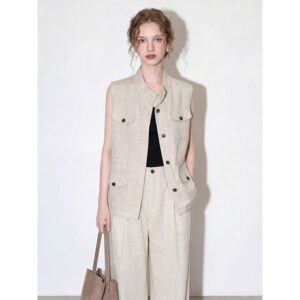 Apricot Tencel Linen Stand Collar Vest Pants Suit Women's 2026 Summer New Thin Old Money Style Two-piece Set
