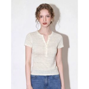 Beige Henry collar short-sleeved T-shirt 2026 summer women's new button slim and versatile daily commuting style top