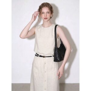 Beige linen suit for women 2026 summer new style high-end sleeveless top and skirt two-piece set