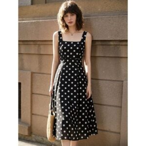 Black polka dot suspender dress for women 2026 summer new retro commuting versatile temperament slim little black dress