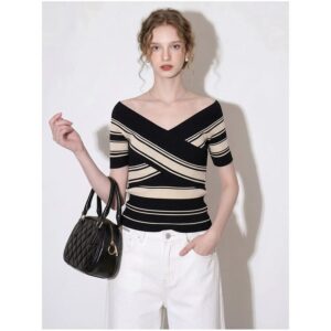Black striped V-neck crossover short-sleeved sweater for women 2026 summer new slim fit versatile top