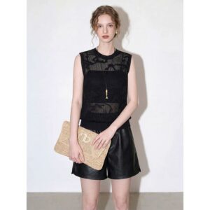 Black Tencel Hollow Lace Sleeveless Knitted Vest Women's 2026 Summer New Light Mature Style Slim Top