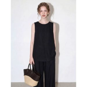 Black Tencel Linen Vest Wide Leg Pants Suit Women's 2026 Summer New Temperament and High-end Two-piece Set