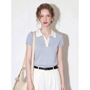 Blue Polo collar contrasting V-neck top 2026 women's summer new style temperament commuting fashion versatile casual style short sleeves