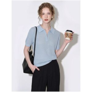 Blue polo collar Tencel linen short-sleeved sweater for women 2026 summer new simple versatile slimming top