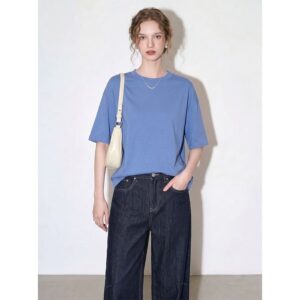Blue Purple Round Neck Short Sleeve T-Shirt Women's 2026 Summer New Style Comfortable Loose Drop Shoulder Casual Versatile Top