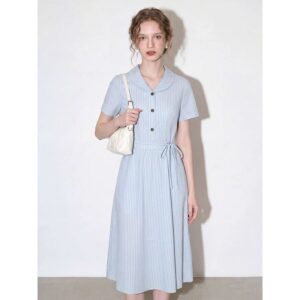 Blue striped short-sleeved dress for women 2026 new summer baby doll collar waist reduction age-reducing small A-line skirt