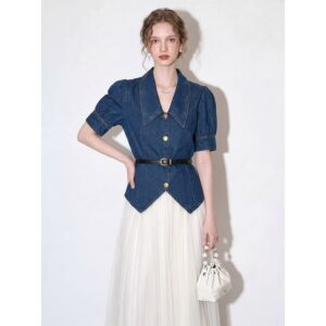 Blue Tencel Denim Shirt Women's 2026 Summer New Lapel Design Retro Style Waist Slimming Top