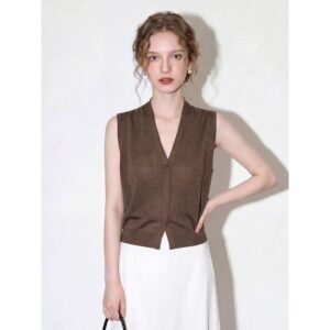 Brown elegant style V-neck sleeveless linen T-shirt for women 2026 summer new Tencel niche design top