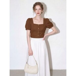 Brown Square Neck Tencel Puff Sleeve Shirt Women's 2026 Summer New High-Quality Short Sleeve Shirt Collarbone Top