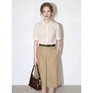 Creamy apricot French retro embroidered doll collar shirt for women 2026 summer new short-sleeved loose versatile top
