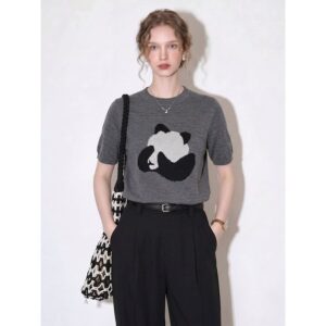 Dark gray round neck cartoon panda short-sleeved sweater for women 2026 summer new slim and high-end top