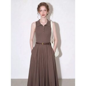Flower coffee sleeveless lapel dress for women 2026 summer new style light and sophisticated elegant style waist slimming skirt