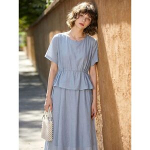 Gentle light blue short-sleeved dress for women summer 2026 new style waist fake two-piece set temperament long skirt lazy