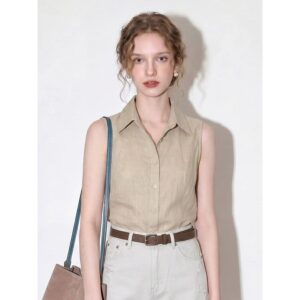 Gray hemp sleeveless shirt 2026 women's summer fashion classic casual commuting style slim lapel button top
