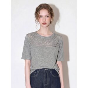 Gray hollow crochet round neck short-sleeved T-shirt for women 2026 summer new design slim and versatile knitted top