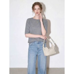 Gray minimalist round neck mid-sleeve sweater for women 2026 summer new basic versatile commuter temperament top
