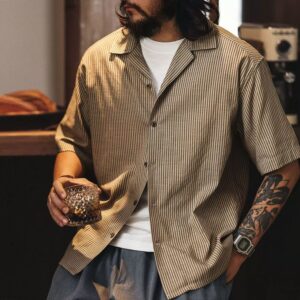Green Deer American Cuban collar striped shirt men's summer fashion brand loose casual relaxed Tencel linen shirt