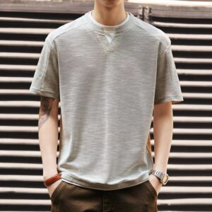Green Deer American double-woven texture fake two-piece small V-neck T-shirt summer trendy loose contrast color old money style short-sleeved top
