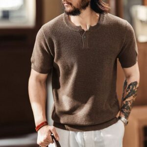 Green Deer American handsome Henry collar knitted short-sleeved Polo shirt men's summer trendy brand casual commuting half-sleeved T-shirt