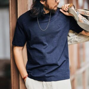 Green Deer American heavy retro bamboo cotton short-sleeved T-shirt men's spring and summer new loose embroidered round neck T-shirt