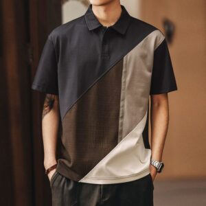 Green Deer American heavyweight contrasting color splicing polo shirt men's summer trendy brand fashion design short-sleeved casual top