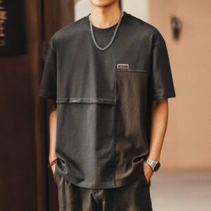Green Deer American pure cotton irregular splicing short-sleeved T-shirt for men 2026 summer trendy brand loose round neck top for men