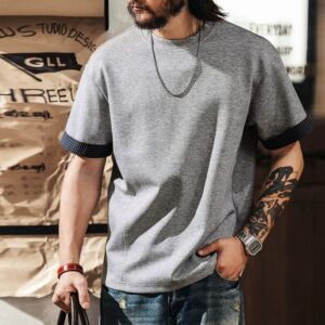 Green Deer American retro fake two-piece plaid short-sleeved men's summer trendy brand loose top 260g heavyweight t-shirt for men