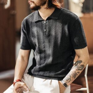 Green Deer American Retro Hollow Jacquard Striped Sweater Short Sleeve Men's Summer Thin Cool Lapel Polo Shirt