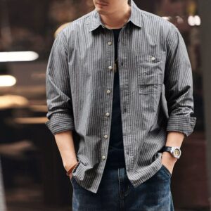 Green Deer American Retro Linen Striped Shirt Men's 2026 Spring Thin Loose Casual Long-Sleeved Shirt Jacket