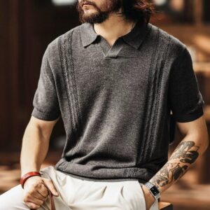 Green Deer American retro old money style jacquard textured short-sleeved sweater men's summer linen breathable top