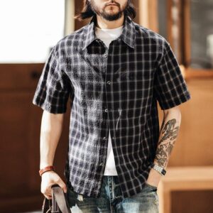 Green deer American retro seersucker plaid short-sleeved shirt for men summer fashion brand loose casual work shirt for men