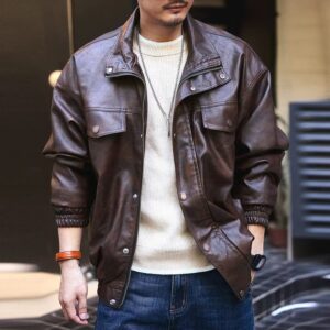Green Deer American Retro Soft Leather Jacket Men's Spring and Autumn Trendy Brand Loose Motorcycle Ami Khaki Tough Guy Leather Jacket