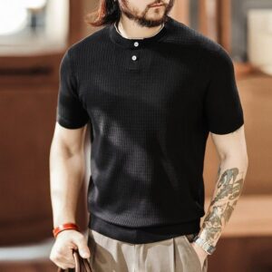 Green Deer American retro texture slim-fit cool T-shirt top men's summer high-end Henry collar knitted short-sleeved T-shirt