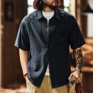 Green Deer American retro textured linen shirt short-sleeved men's jacket summer trendy brand breathable loose work shirt