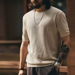 Green Deer American retro waffle knitted short-sleeved T-shirt men's summer new linen cool round neck top