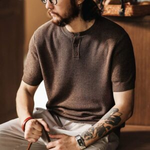 Green deer American texture henley collar short-sleeved sweater for men summer fashion brand breathable commuter jacquard short-sleeved sweater for men