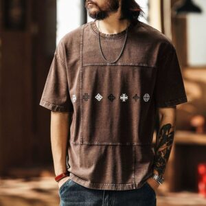 Green Deer high-end retro ethnic totem printed short-sleeved T-shirt men's summer fashion brand loose casual splicing top