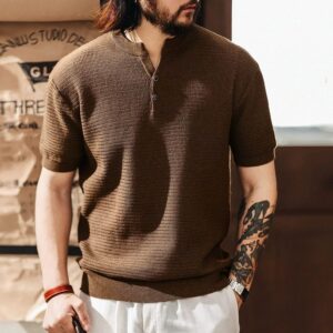 Green Deer high-end retro old money style Henry collar knitted short-sleeved men's summer trendy brand handsome half-sleeved T-shirt top