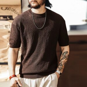 Green Deer high-end upstart style dark pleated knitted short-sleeved T-shirt men's summer fashion brand texture casual cool T-shirt