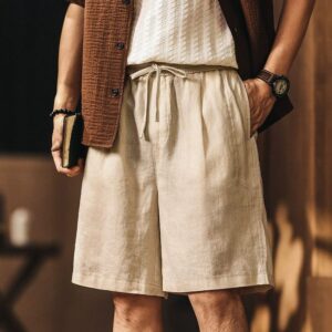 Green deer ice silk linen simple pleated casual shorts men's summer trendy brand thin breathable cool five-point pants for men