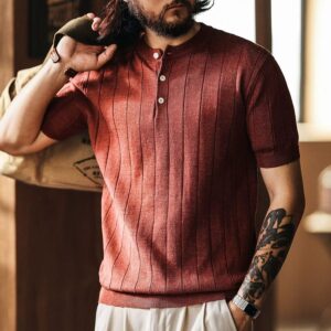 Green deer ice silk lyocell old money style henley collar short-sleeved sweater men's summer trendy versatile tops for men
