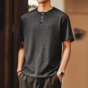 Green Deer Japanese Henry collar short-sleeved T-shirt men's summer fashion brand loose texture cleanfit casual top