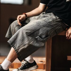 Green Deer Japanese Retro Distressed Denim Shorts Men's 2026 Summer Trendy Loose Street Workwear Cropped Pants Men