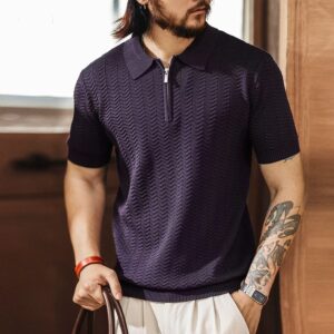 Green Deer light luxury old money style knitted polo shirt men's summer new fashion brand short-sleeved wavy striped ice silk T-shirt